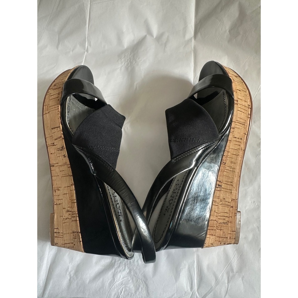 Franco Sarto Blink Black Patent Leather Cork Wedge Slingback Sandals Women 8M - Picture 3 of 9